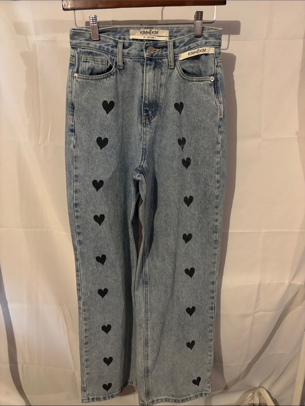 Kimhekim Light Blue Heart-Print Straight Leg Jeans